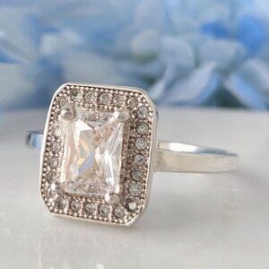 Radiant CZ Emerald cut Halo Silver Tone Promise / Engagement ring